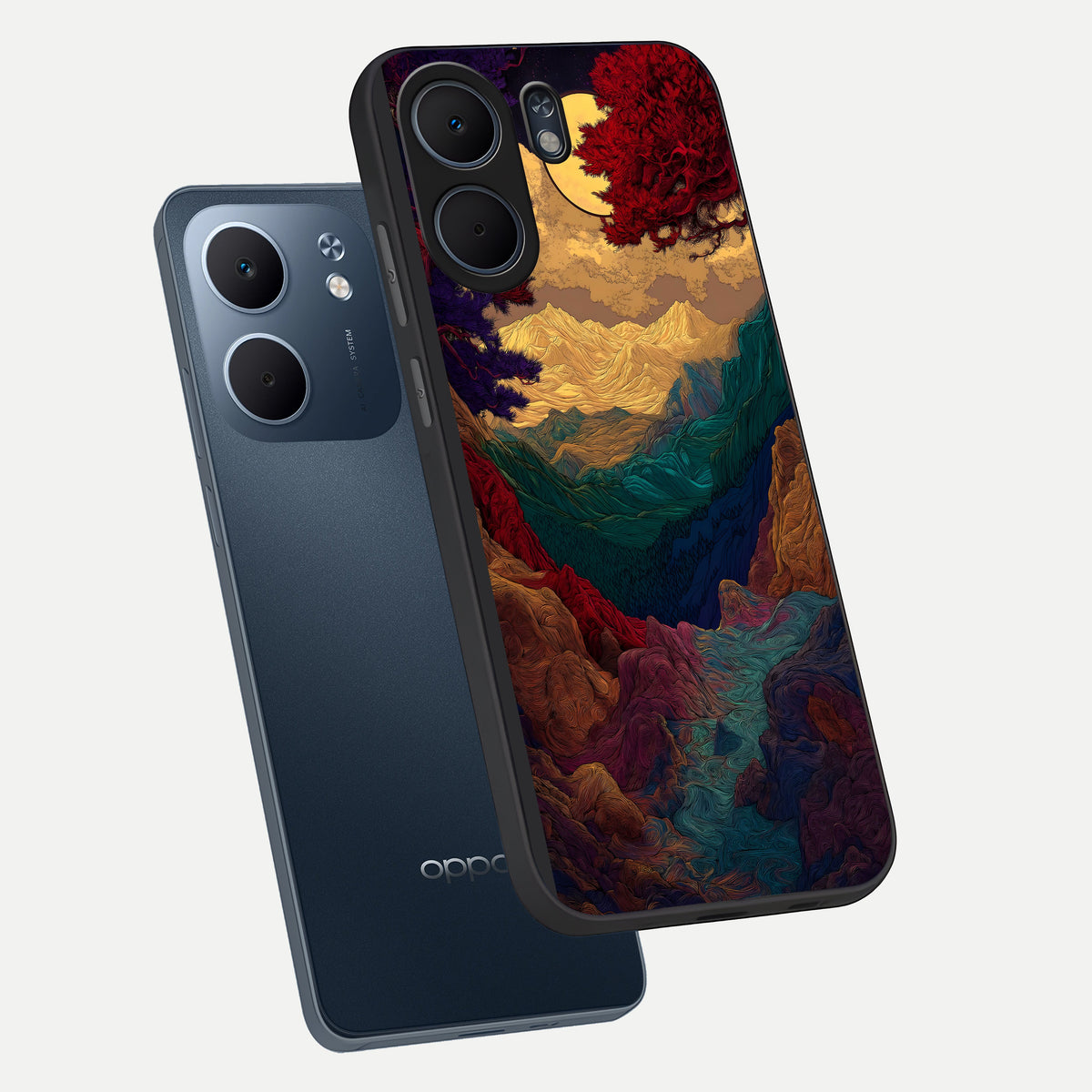  Mystic Valley Light phone case For Oppo A5x 5G showing premium glass back cover with detailed artwork
