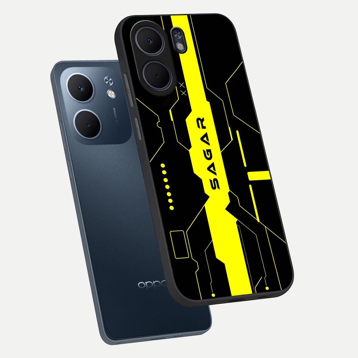  Neon CYBERPUNK Custom Name phone case For Oppo A5x 5G showing premium glass back cover with detailed artwork
