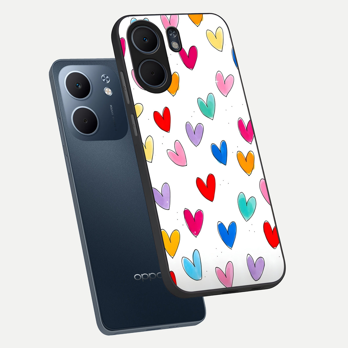  Playful Love Doodles phone case For Oppo A5x 5G showing premium glass back cover with detailed artwork