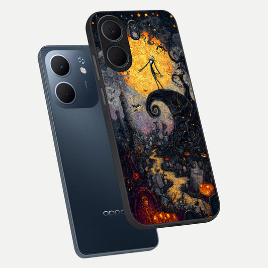  Pumpkin Moon Night phone case For Oppo A5x 5G showing premium glass back cover with detailed artwork