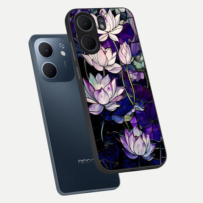  Purple Lotus Pattern phone case For Oppo A5x 5G showing premium glass back cover with detailed artwork