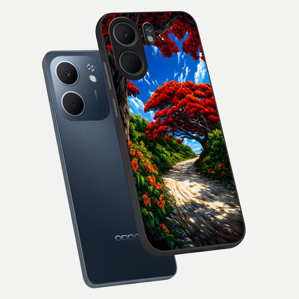  Red Trees Pathway phone case For Oppo A5x 5G showing premium glass back cover with detailed artwork