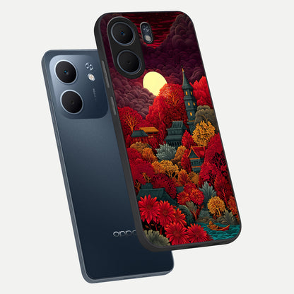 Scarlet Autumn Temple phone case For Oppo A5x 5G showing premium glass back cover with detailed artwork