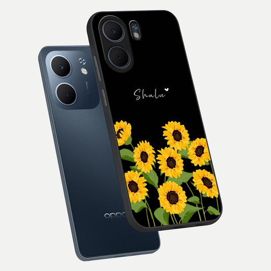  Sunflower Sky Bloom phone case For Oppo A5x 5G showing premium glass back cover with detailed artwork