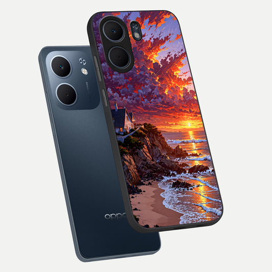  Sunset House By Sea phone case For Oppo A5x 5G showing premium glass back cover with detailed artwork
