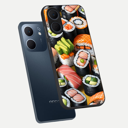  Sushi Food Pattern phone case For Oppo A5x 5G showing premium glass back cover with detailed artwork