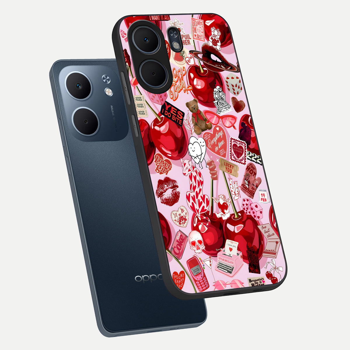  Sweet Cherry Chaos phone case For Oppo A5x 5G showing premium glass back cover with detailed artwork