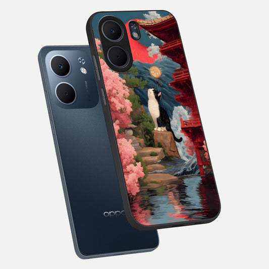  Temple Cat Scenery phone case For Oppo A5x 5G showing premium glass back cover with detailed artwork