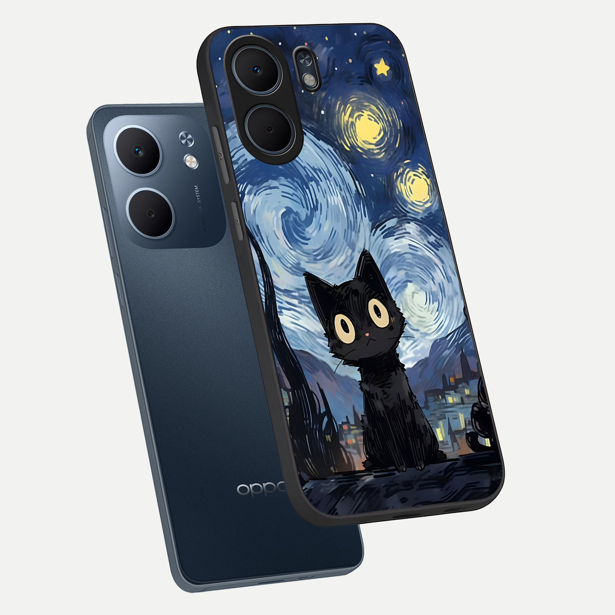  Van Gogh Cat phone case For Oppo A5x 5G showing premium glass back cover with detailed artwork