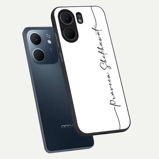  White Tune Custom Name phone case For Oppo A5x 5G showing premium custom name glass back cover