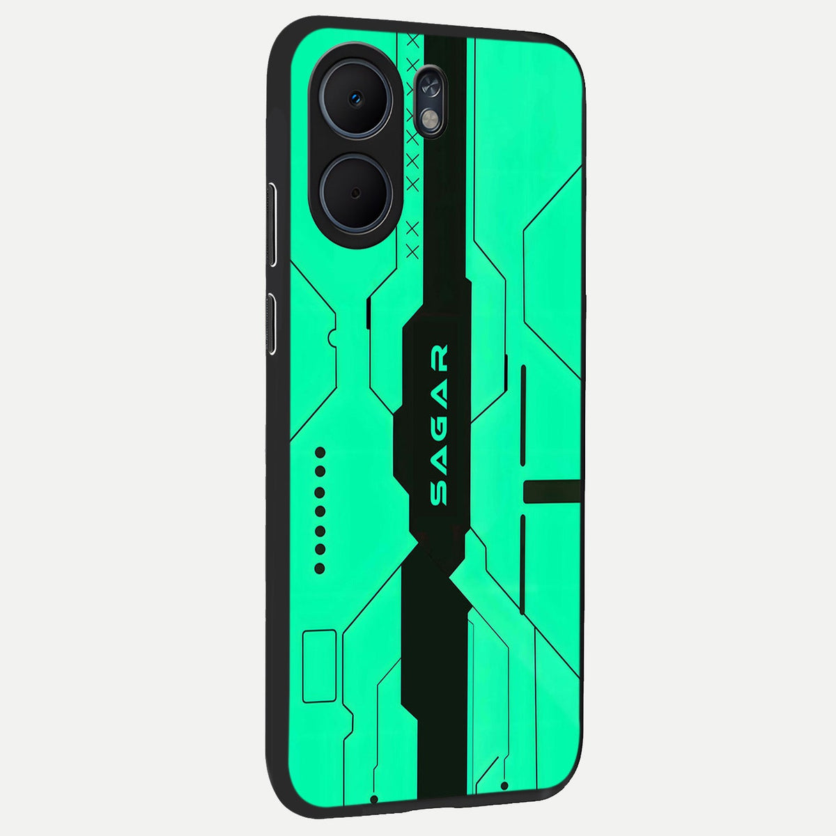  Aqua Tech CYBERPUNK Custom Name back cover For Oppo A5x 5G slim fit glass case with vibrant aesthetic design