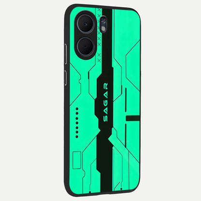  Aqua Tech CYBERPUNK Custom Name back cover For Oppo A5x 5G slim fit glass case with vibrant aesthetic design