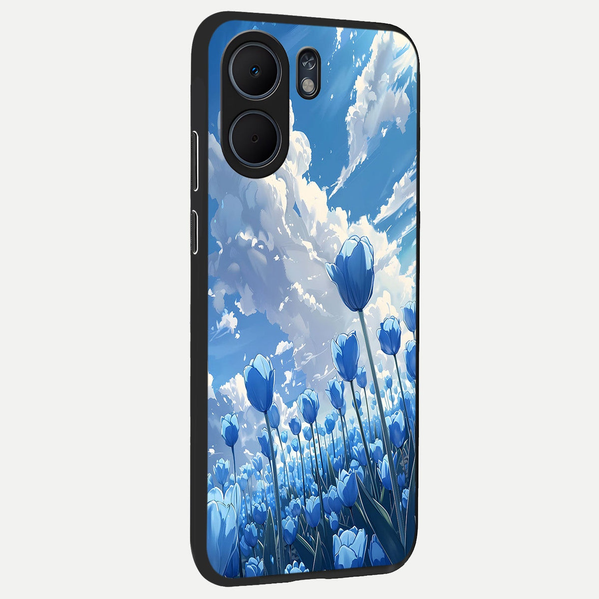  Blue Tulip Clouds back cover For Oppo A5x 5G slim fit glass case with vibrant aesthetic design