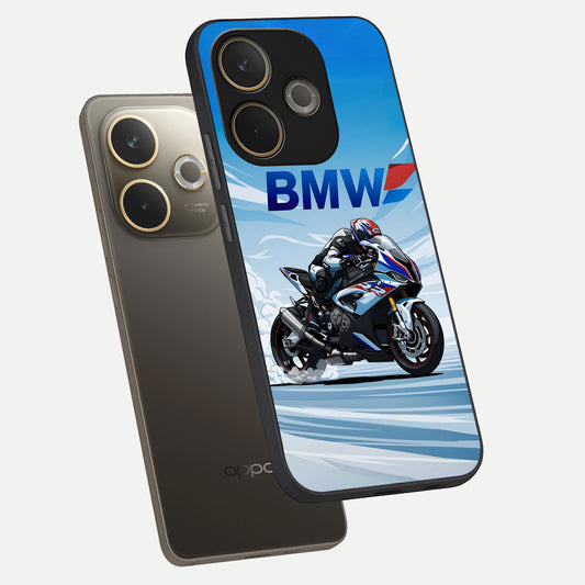  BMW Power Drift phone case For Oppo A5 Pro showing premium glass back cover with detailed artwork
