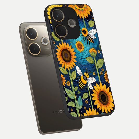  Bees And Sunflowers phone case For Oppo A5 Pro showing premium glass back cover with detailed artwork