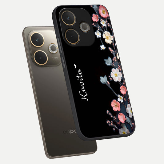  Black Elegance Floral Custom Name phone case For Oppo A5 Pro showing premium glass back cover with detailed artwork