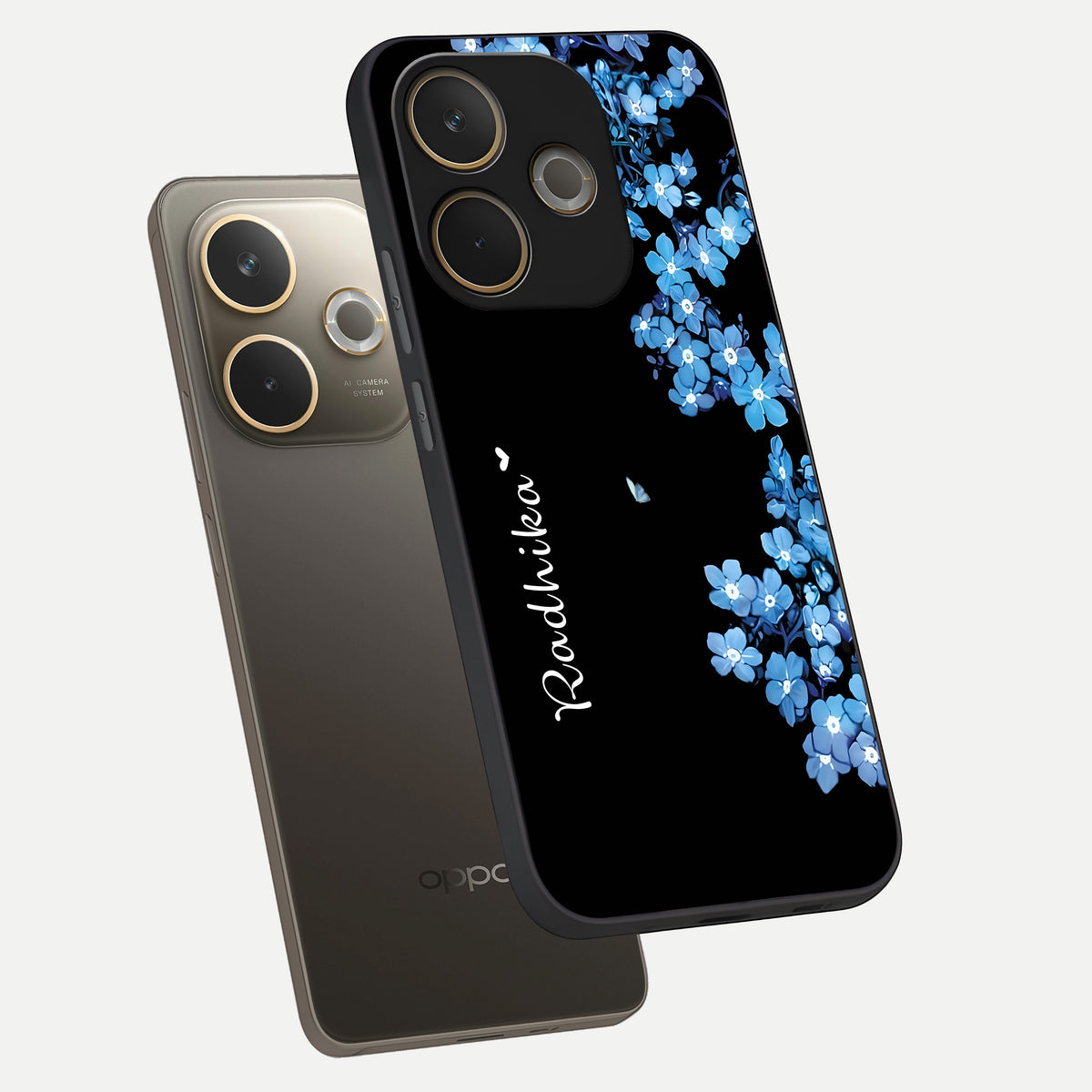  Blue Petal Dream Custom Name phone case For Oppo A5 Pro showing premium glass back cover with detailed artwork