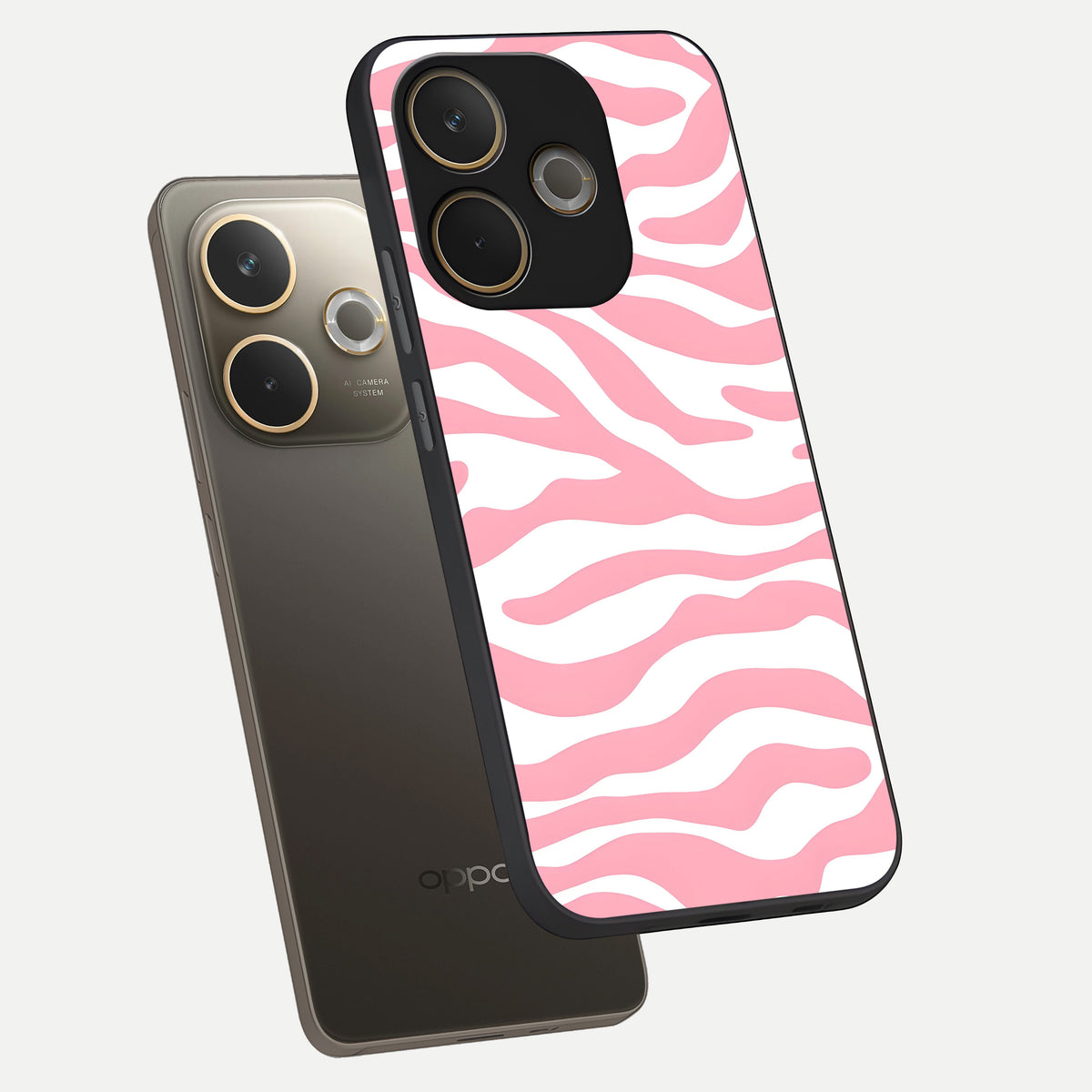  Blush Zebra Flow phone case For Oppo A5 Pro showing premium glass back cover with detailed artwork