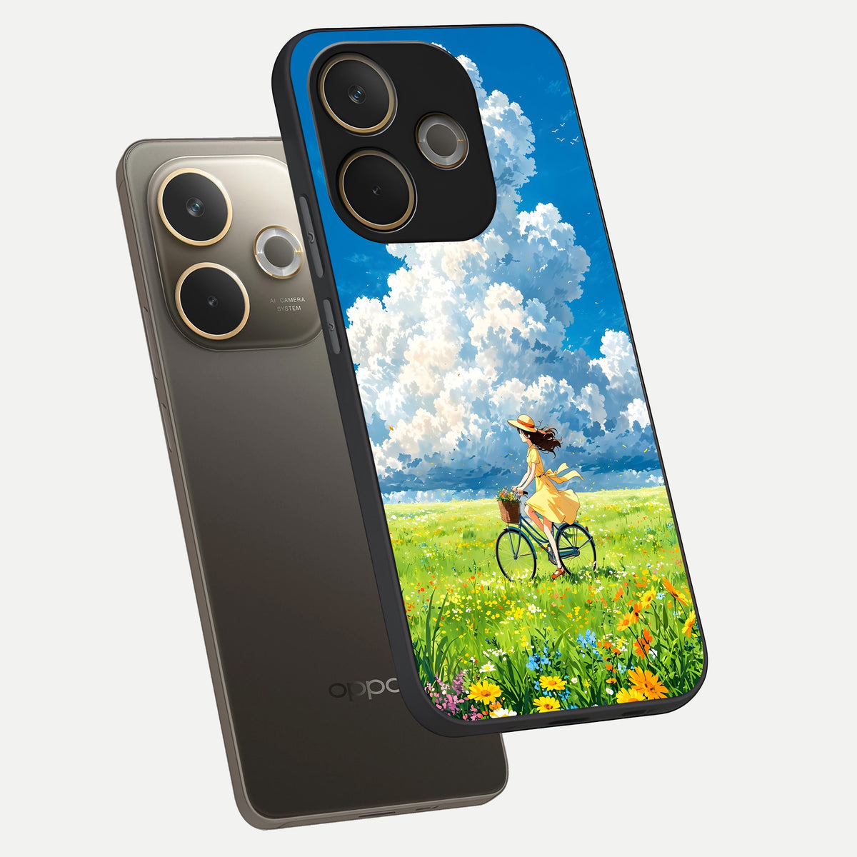  Breezy Meadow Ride phone case For Oppo A5 Pro showing premium glass back cover with detailed artwork