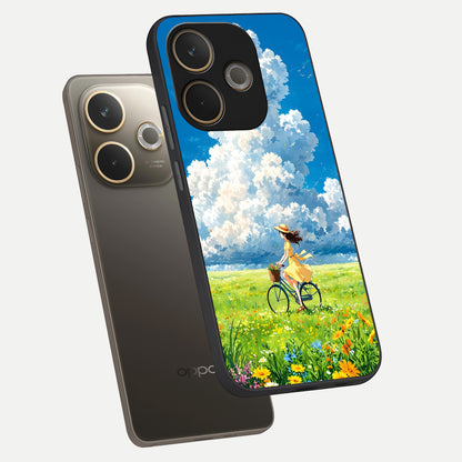  Breezy Meadow Ride phone case For Oppo A5 Pro showing premium glass back cover with detailed artwork