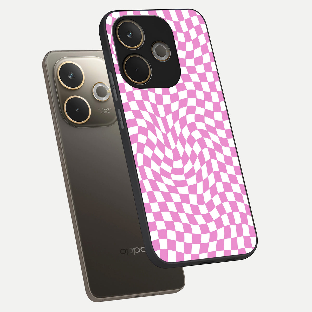  Bubblegum Check Wave phone case For Oppo A5 Pro showing premium glass back cover with detailed artwork