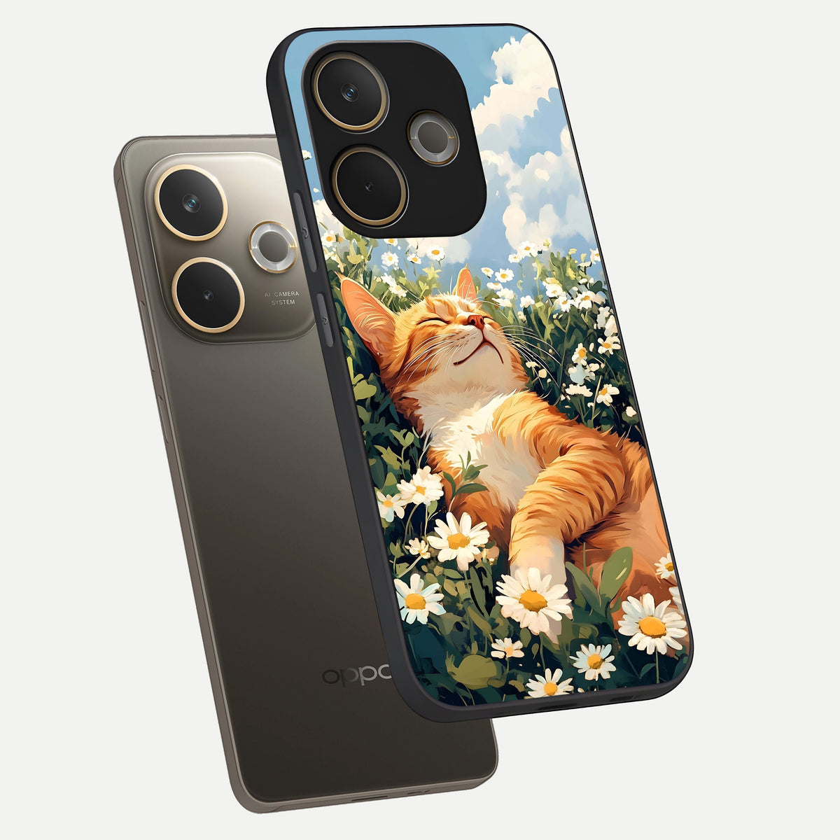  Cat And Flowers View phone case For Oppo A5 Pro showing premium glass back cover with detailed artwork