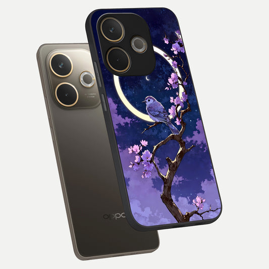  Celestial Bird Blossom phone case For Oppo A5 Pro showing premium glass back cover with detailed artwork