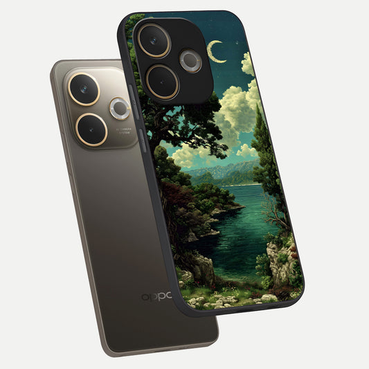  Celestial Lake Peace phone case For Oppo A5 Pro showing premium glass back cover with detailed artwork