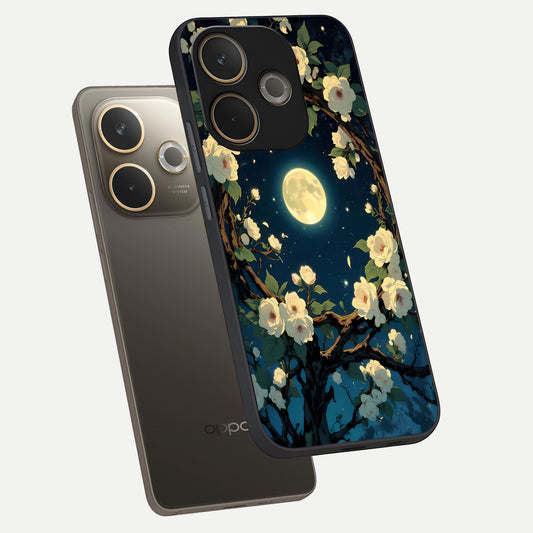  Celestial Moon And Flower phone case For Oppo A5 Pro showing premium glass back cover with detailed artwork