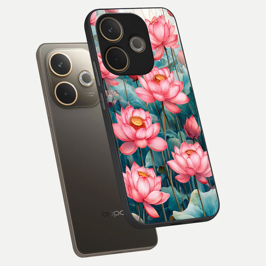  Celestial Pink Lotus phone case For Oppo A5 Pro showing premium glass back cover with detailed artwork