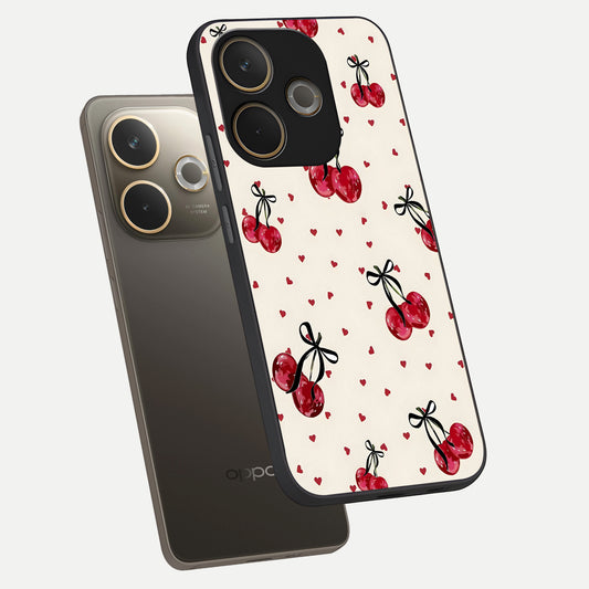  Cherry Heart Bow phone case For Oppo A5 Pro showing premium glass back cover with detailed artwork