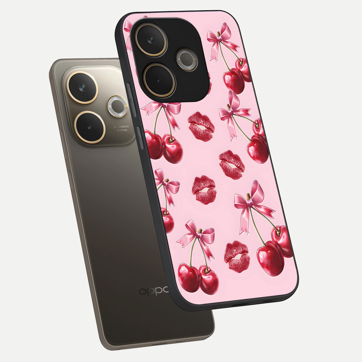 Cherry With Lips phone case For Oppo A5 Pro showing premium glass back cover with detailed artwork