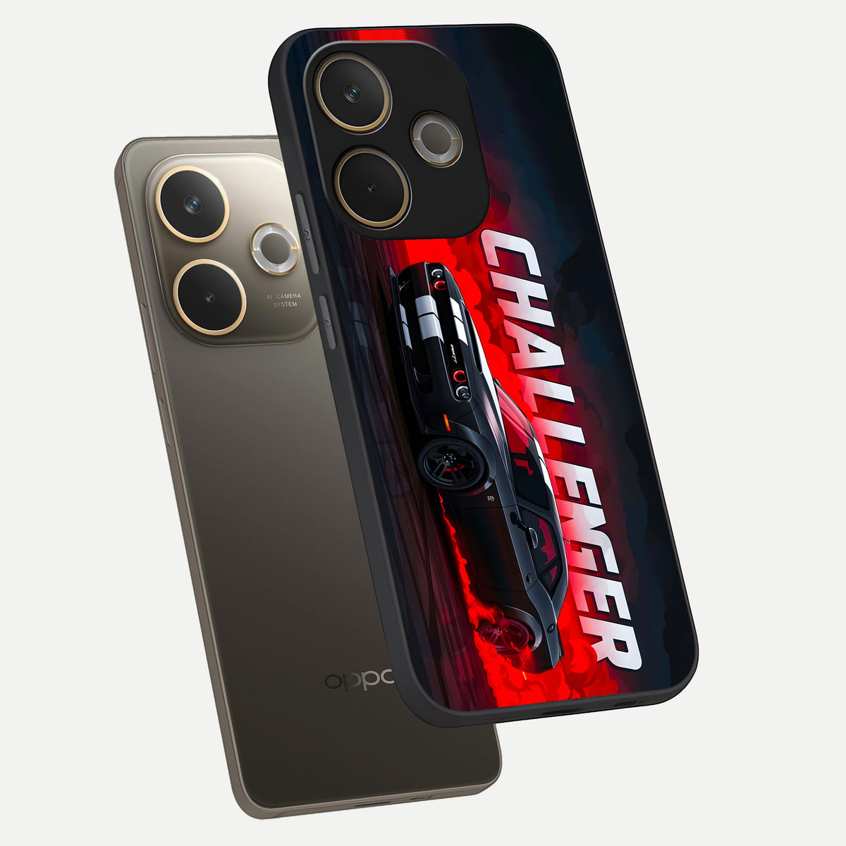  Crimson Challenger Fury phone case For Oppo A5 Pro showing premium glass back cover with detailed artwork