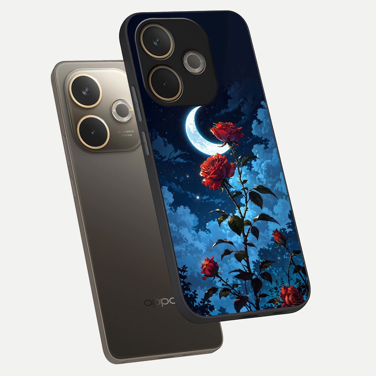  Crimson Rose Moon phone case For Oppo A5 Pro showing premium glass back cover with detailed artwork