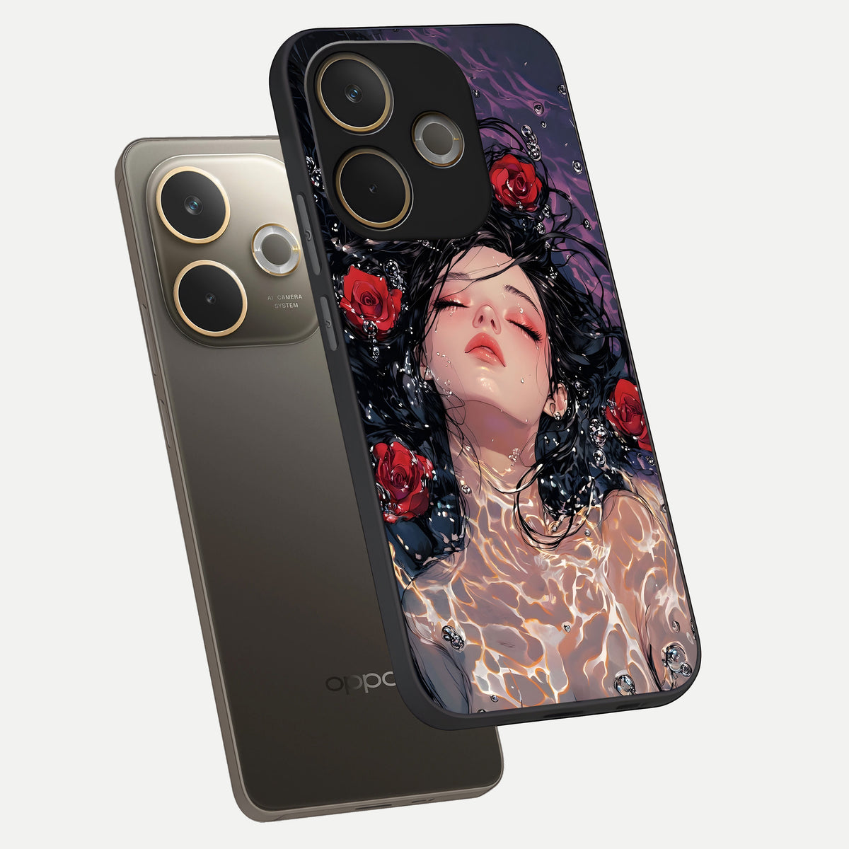  Crimson Rose Serenity phone case For Oppo A5 Pro showing premium glass back cover with detailed artwork