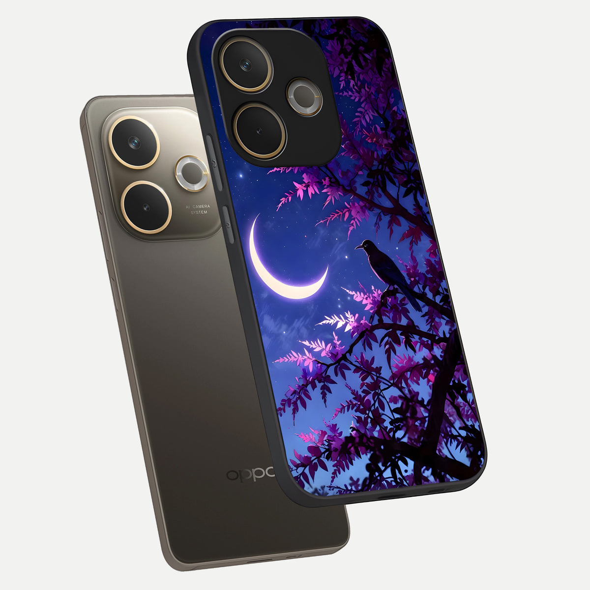  Crow And Moon Scenery phone case For Oppo A5 Pro showing premium glass back cover with detailed artwork