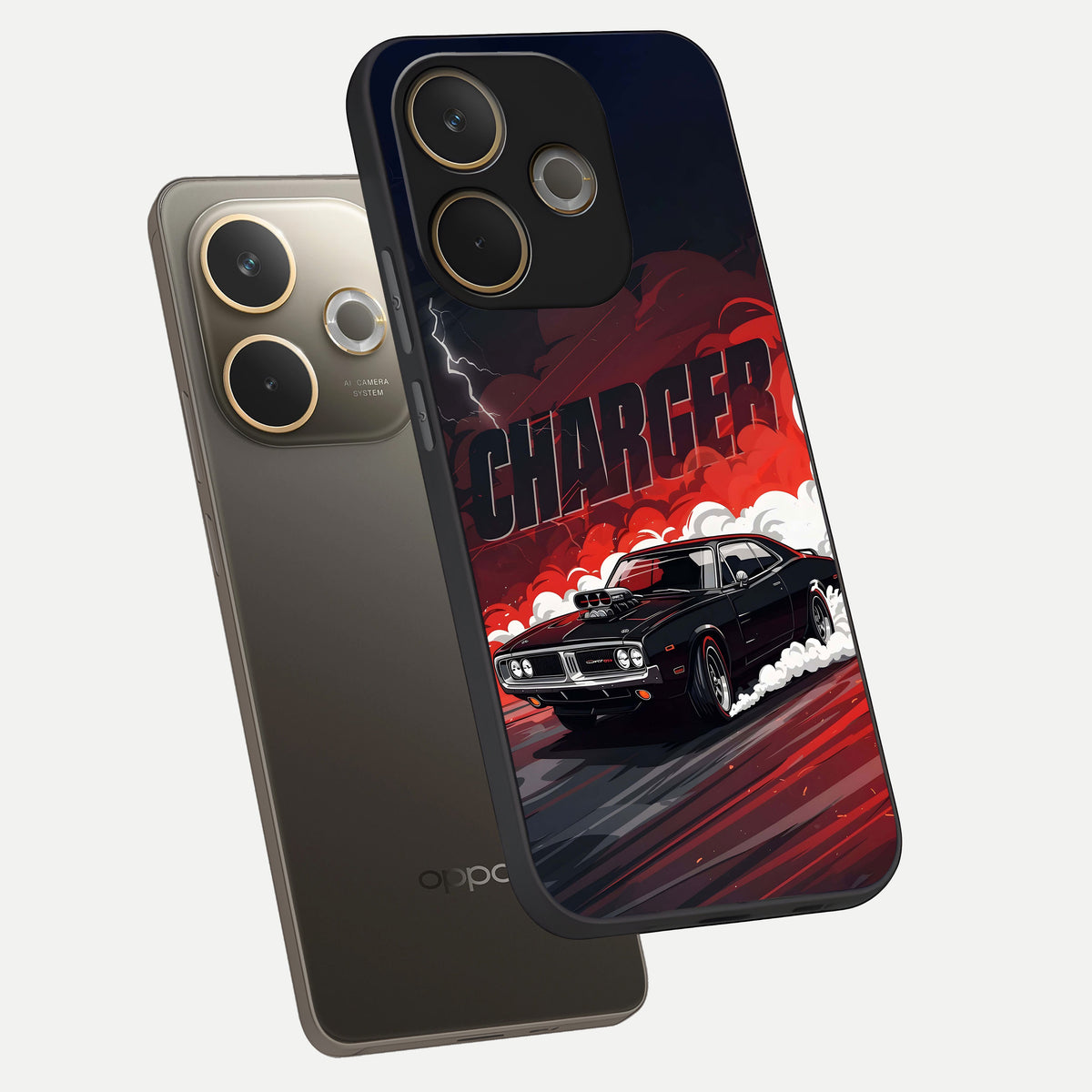  Dark Charger Fury phone case For Oppo A5 Pro showing premium glass back cover with detailed artwork