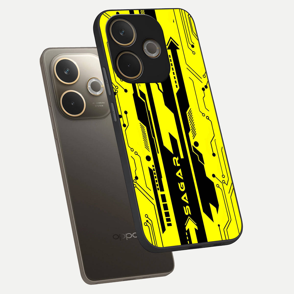  Electric Pulse CYBERPUNK Custom Name phone case For Oppo A5 Pro showing premium glass back cover with detailed artwork