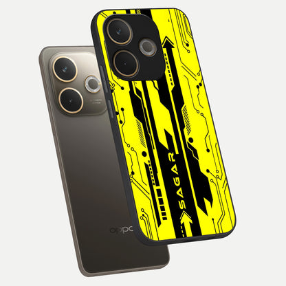  Electric Pulse CYBERPUNK Custom Name phone case For Oppo A5 Pro showing premium glass back cover with detailed artwork
