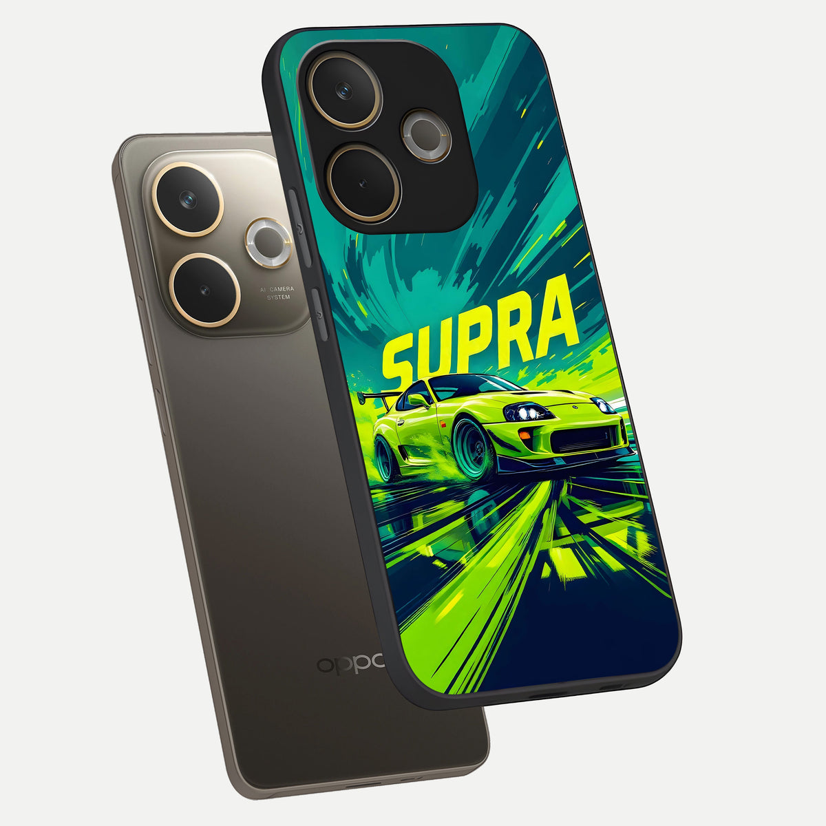  Electric Supra Thunder phone case For Oppo A5 Pro showing premium glass back cover with detailed artwork