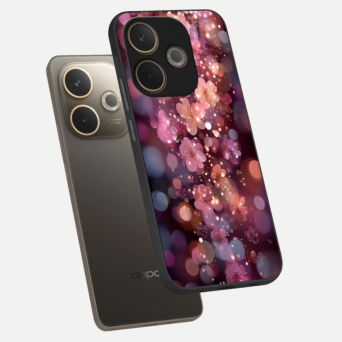  Glowing Petal Bliss phone case For Oppo A5 Pro showing premium glass back cover with detailed artwork