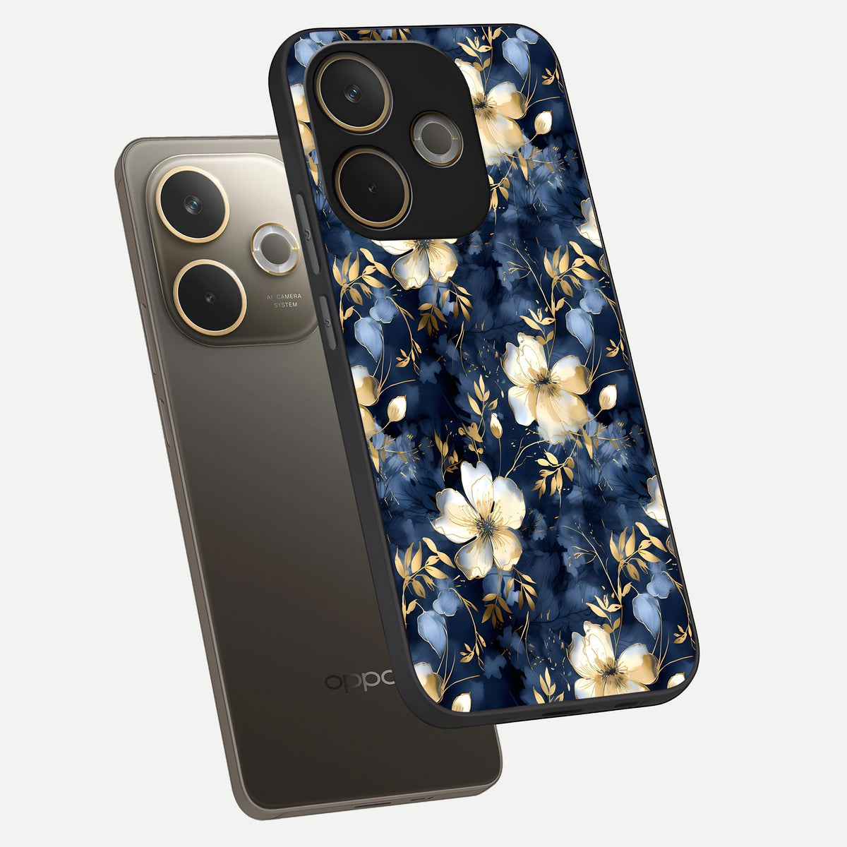  Golden Midnight Bloom phone case For Oppo A5 Pro showing premium glass back cover with detailed artwork