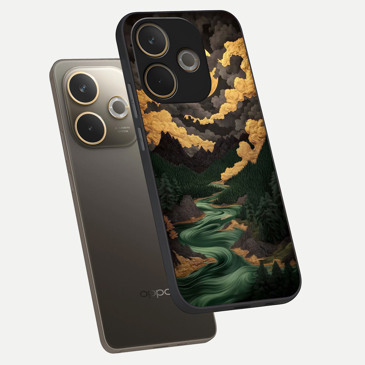 Golden River Moon phone case For Oppo A5 Pro showing premium glass back cover with detailed artwork