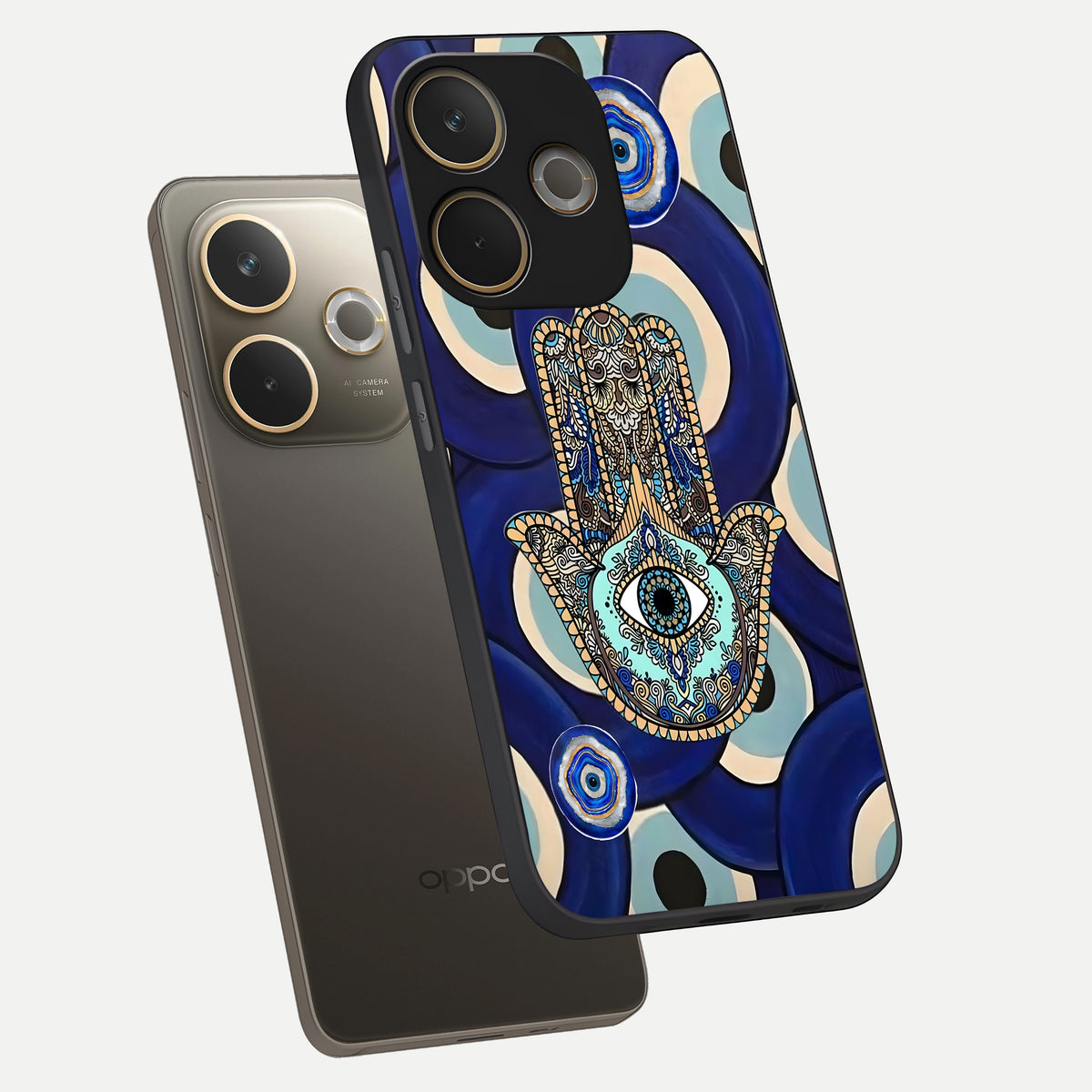  Hamsa Divine Guard phone case For Oppo A5 Pro showing premium glass back cover with detailed artwork