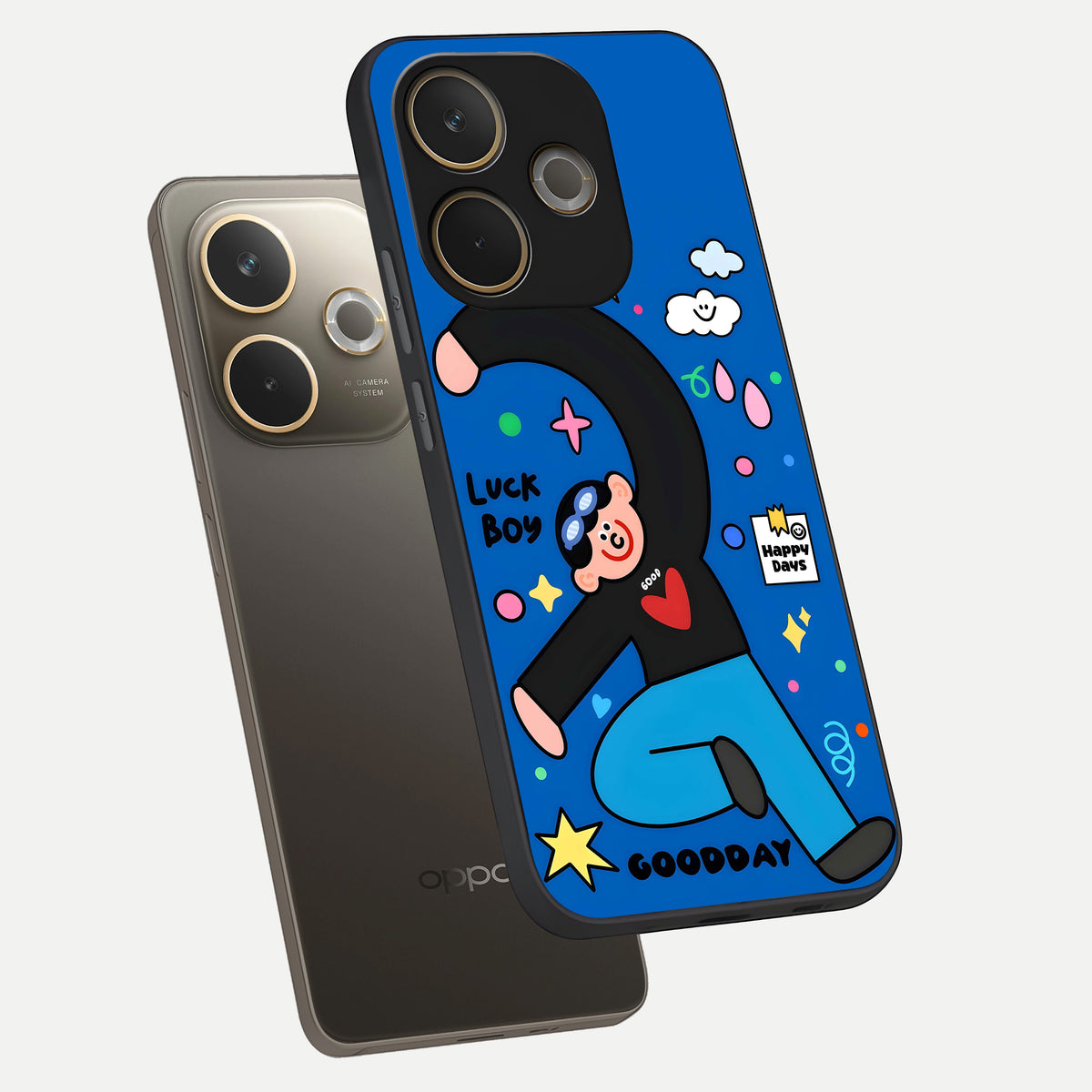  Happy Luck Vibe phone case For Oppo A5 Pro showing premium glass back cover with detailed artwork