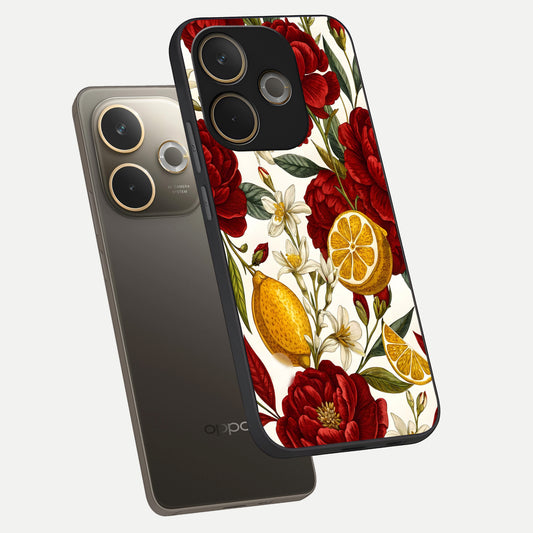  Lemon Rose Charm phone case For Oppo A5 Pro showing premium glass back cover with detailed artwork