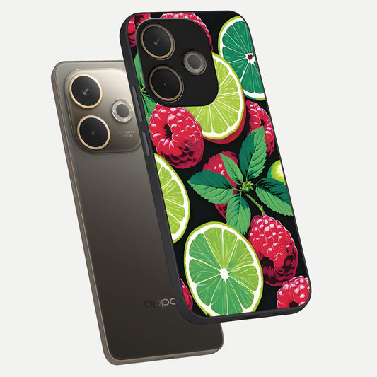  Lime and Raspberry Pattern phone case For Oppo A5 Pro showing premium glass back cover with detailed artwork