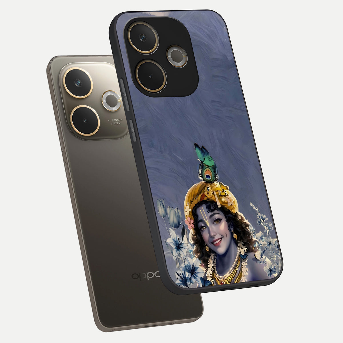  Lord Krishna phone case For Oppo A5 Pro showing premium glass back cover with detailed artwork