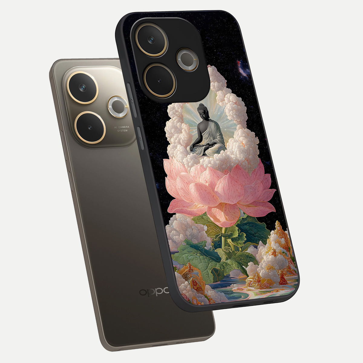  Lotus Divine Peace phone case For Oppo A5 Pro showing premium glass back cover with detailed artwork