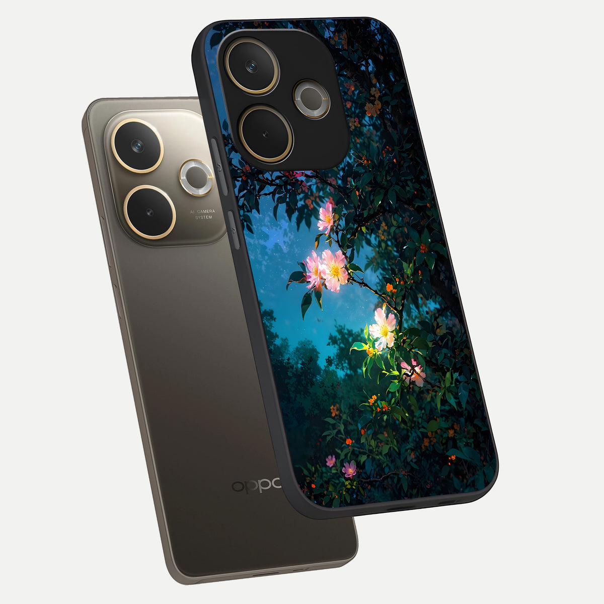  Midnight Bloom Glow phone case For Oppo A5 Pro showing premium glass back cover with detailed artwork